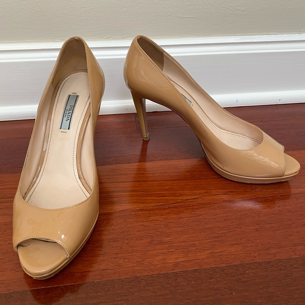 Prada Peep Toe Pumps Nude Patent Leather Size 38 (US 7.5)